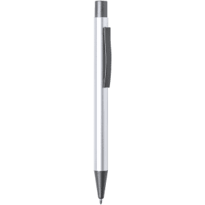 A metal pen with a sleek silver finish and a grey clip, featuring a logo on its body.