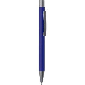 A metal pen in vibrant blue with a silver clip and tip, featuring a logo on the barrel.