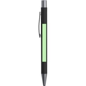 A metal pen in black with a green accent and a silver clip. It has a sleek, modern design.