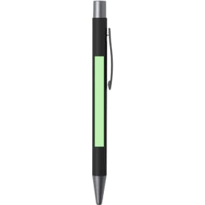A metal pen in black with a green accent and a silver clip, featuring a logo.