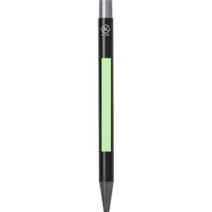 A black metal pen with a green accent and a silver clip, featuring a logo on the body.