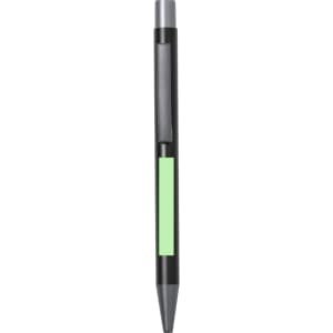 A metal pen in black with a green accent, featuring a clip and a silver tip. Logo branding is present.