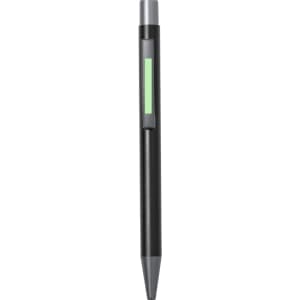 A black metal pen with a silver tip and a green accent panel. The pen features a logo branding.