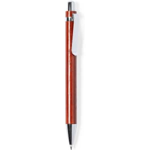 A wooden pen in a rich reddish-brown colour with a silver clip and tip. It features a logo on the body.