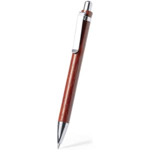 A wooden pen in a rich brown hue, featuring a silver clip and accents.