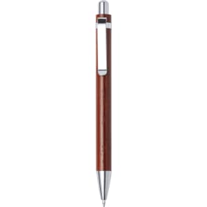 A wooden pen with a brown finish and silver accents, featuring a clip and a sleek design.