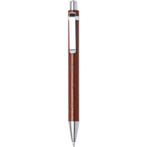 A wooden pen in a rich brown finish with a silver clip and tip, featuring a logo.