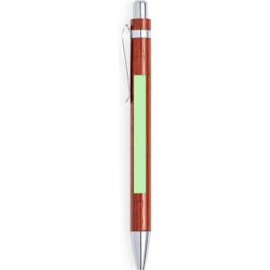 A wooden pen with a brown body, silver accents, and a green insert area for branding.