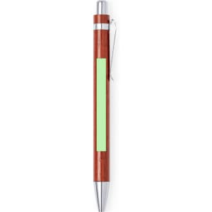 A wooden pen with a shiny silver tip and clip, featuring a green section on the barrel. It has a logo.