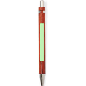 A wooden pen in reddish-brown with a silver clip and a green section for branding.