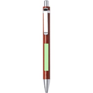 A wooden pen in a deep brown colour with chrome accents and a green section, featuring a logo.