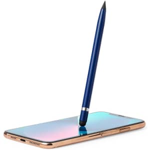A blue stylus pen is resting on the screen of a smartphone, featuring a sleek design and a pointed tip.