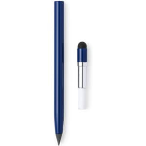 A blue stylus pen with a pointed tip and a small detachable stylus head, featuring a simple design and a logo.