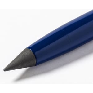 A blue stylus pen with a pointed black tip, featuring a sleek design and a logo on the surface.