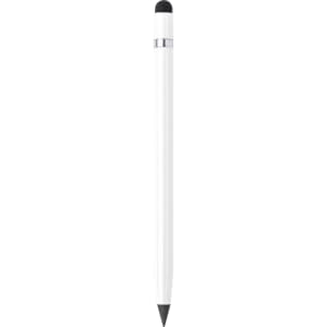 A white stylus pen with a black tip and a silver accent band. Features branding on the pen.