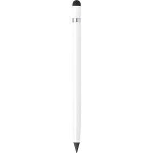 A stylus pen in white with a rubber tip on one end and a fine point on the other. The pen features a sleek design.