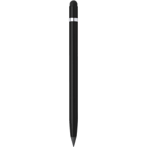 A black stylus pencil with a silver band near the tip and a rounded top. It features a logo on its body.