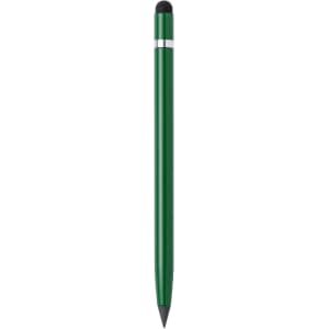 A green stylus touch pencil with a silver band and a black tip. The product has a logo on it.