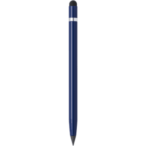 A navy blue stylus touch pencil featuring a silver band and a rubber tip, suitable for writing.
