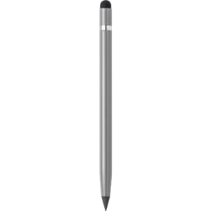 A silver stylus touch pencil with a black tip and a sleek design, featuring a logo.