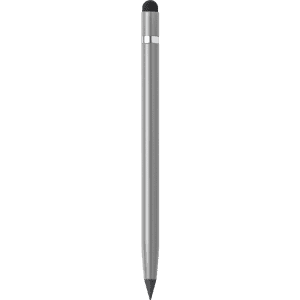 A sleek silver stylus pen with a black tip, featuring a simple design and a branding logo.