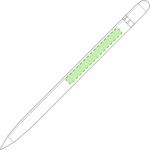 A stylus pen with a clear body and a green grip section, featuring a rounded tip. It includes a logo.