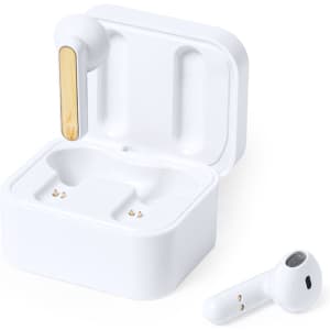 Wireless earphones in white casing with a wooden accent. One earphone is placed beside the charging case.