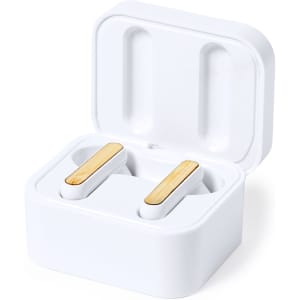 A charging case in white with wooden accents, containing two wireless earphones.