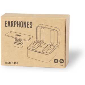 A rectangular cardboard box containing a pair of earphones and a charging case, featuring a simple design.