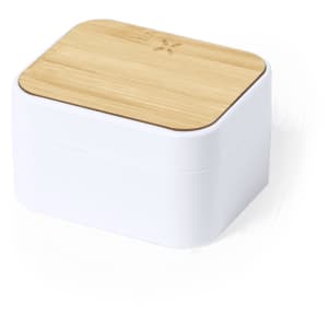 A white storage box with a bamboo lid, featuring a logo on the top.