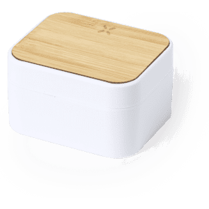 A white charging case with a bamboo lid designed for earphones, featuring a simple and modern aesthetic.