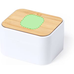 A white storage box with a bamboo lid featuring a green highlighted area on top. It has a simple design and a logo.