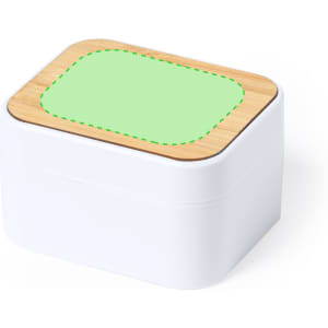 A white box with a wooden lid featuring a green rectangular area, suitable for branding or labelling.