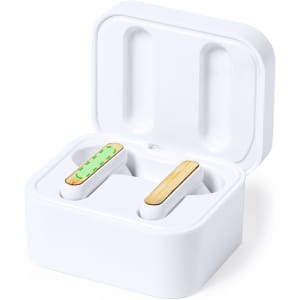 A pair of white earbuds with wooden accents in a white charging case. The case features a subtle green indicator light.