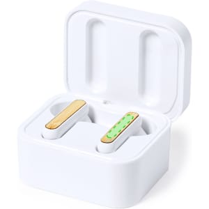 A set of white wireless earphones with wooden accents, housed in a white charging case.