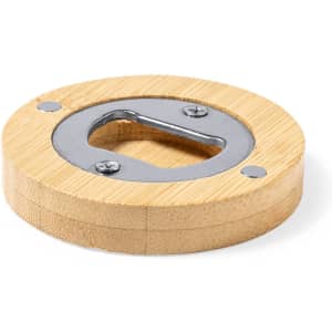 A drink bottle opener featuring a round bamboo base with a stainless steel opener, designed for practical use.