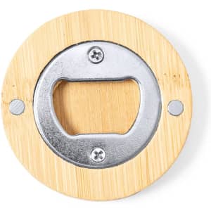 A drink bottle opener with a bamboo base and a silver metal opener, featuring a round design and two screws.