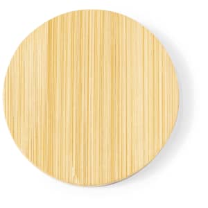 A drink bottle opener with a circular, natural bamboo finish and a flat surface, featuring a subtle logo.