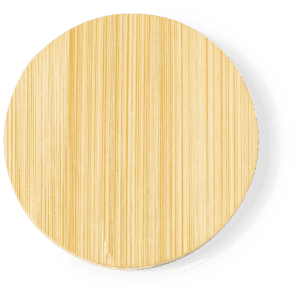 A circular bamboo bottle opener with a smooth, natural wood finish. It features a subtle texture and has a logo.