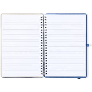 A spiral-bound notebook with lined pages, featuring a blue cover and a silver spine.