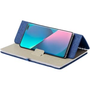 A blue notebook holder featuring a phone stand, with a light-coloured interior and a spiral binding.