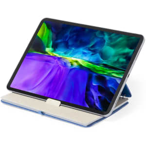 A tablet holder in blue and grey, showcasing a vibrant screen with colourful abstract patterns. It has a logo.