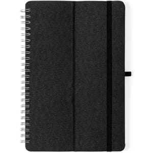 A dark grey spiral-bound notebook with a textured cover and an elastic band closure. It includes a logo.