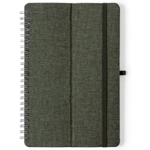 A spiral-bound notebook with a textured dark green cover and an elastic closure. It features a logo on the front.