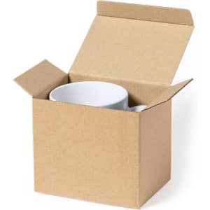 A brown cardboard box with an open lid containing a white mug inside.