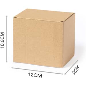 A brown cardboard gift box with dimensions 10.6 cm tall, 12 cm wide, and 9 cm deep. It features a logo.