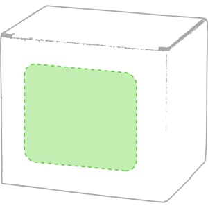 A white gift box with a green window, featuring a simple design and a branding logo.