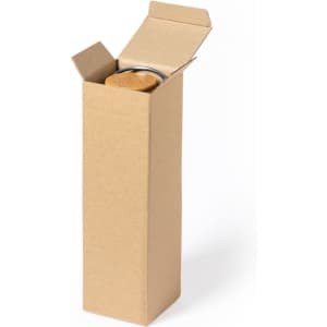 A tall, brown cardboard gift box with an open top revealing a round item inside. The box has a simple design.