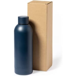 A navy drink bottle alongside a brown cardboard gift box, designed for home and living use.