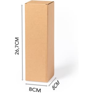 A tall, brown cardboard gift box measuring 26.7 cm by 8 cm, featuring a simple design without embellishments.